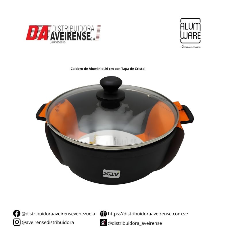 Caldero de Aluminio 26 cm con Tapa de Cristal.