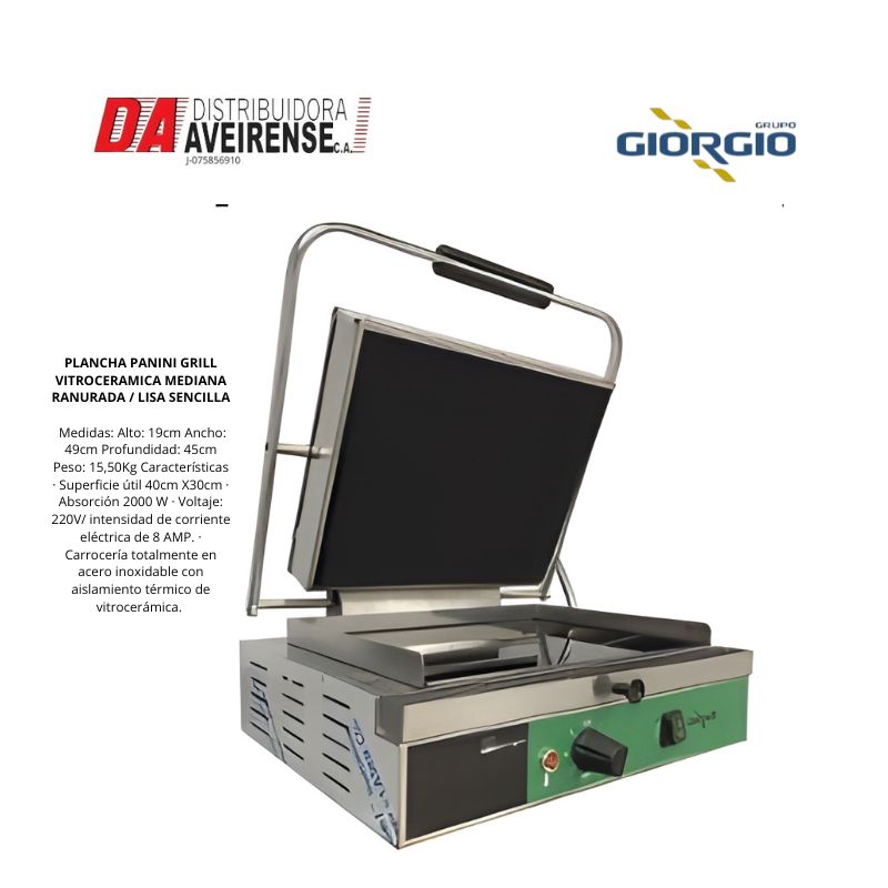 PLANCHA PANINI GRILL  VITROCERAMICA  MEDIANA  RANURADA / LISA  SENCILLA 40x30cm